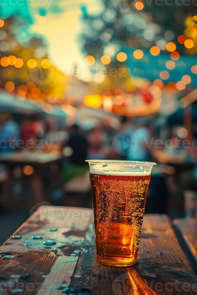 refreshing craft beer in clear cup, set against vibrant outdoor scene with twinkling lights and lively atmosphere photo