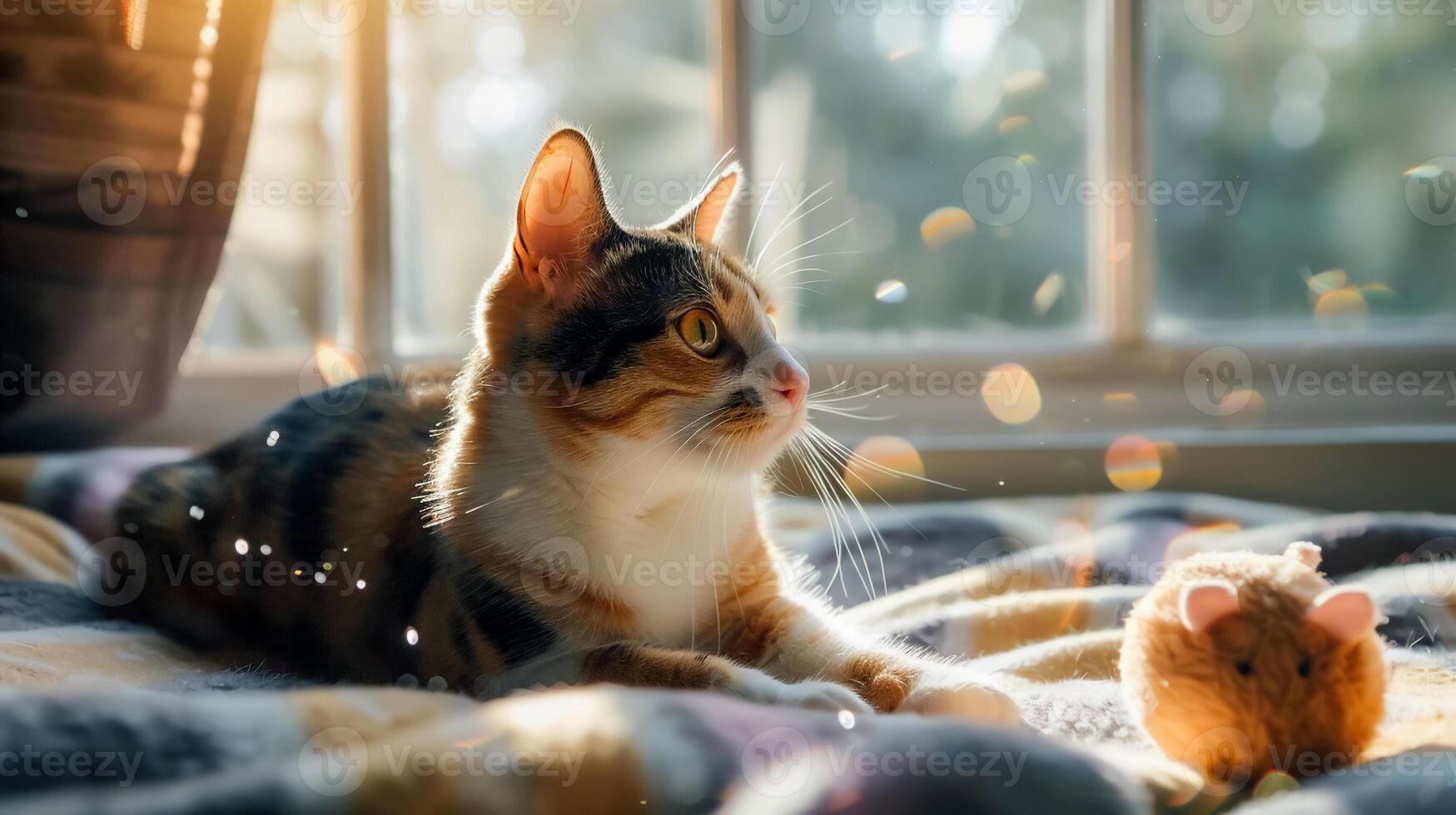 calico cat lying on cozy bed, gazing at toy mouse in soft sunlight. warm atmosphere creates serene and peaceful moment photo
