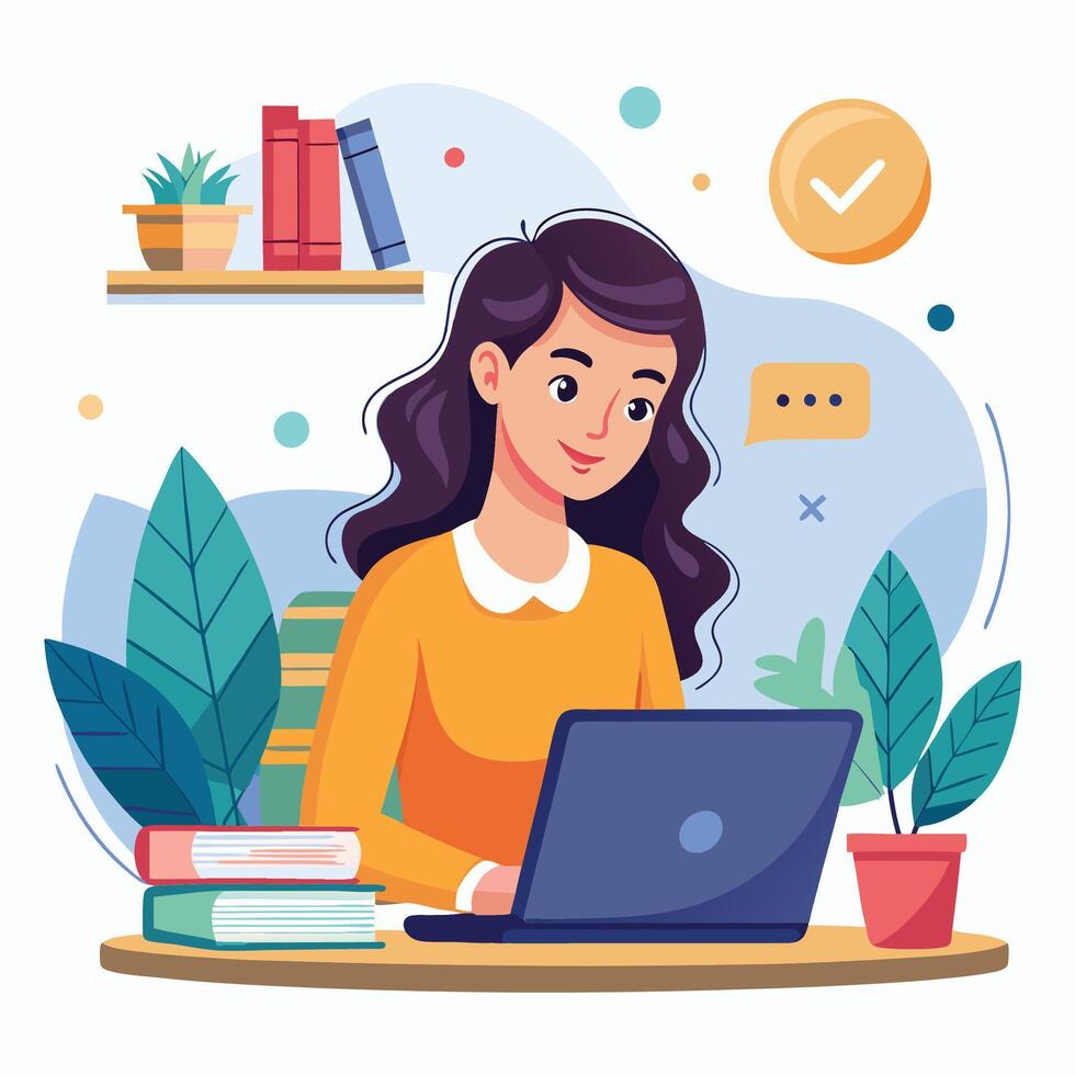 a woman is working on her laptop in front of a desk vector