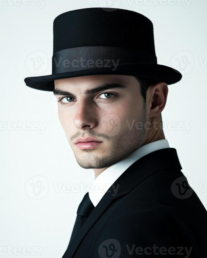 Portrait of a Stylish Gentleman in a Top Hat and Formal Attire with Intense Expression photo