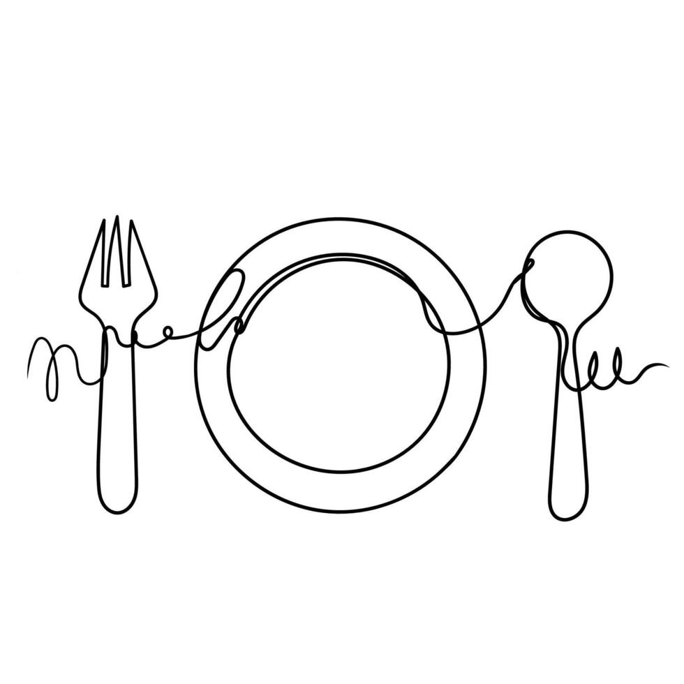 a drawing of a plate, fork and spoon vector