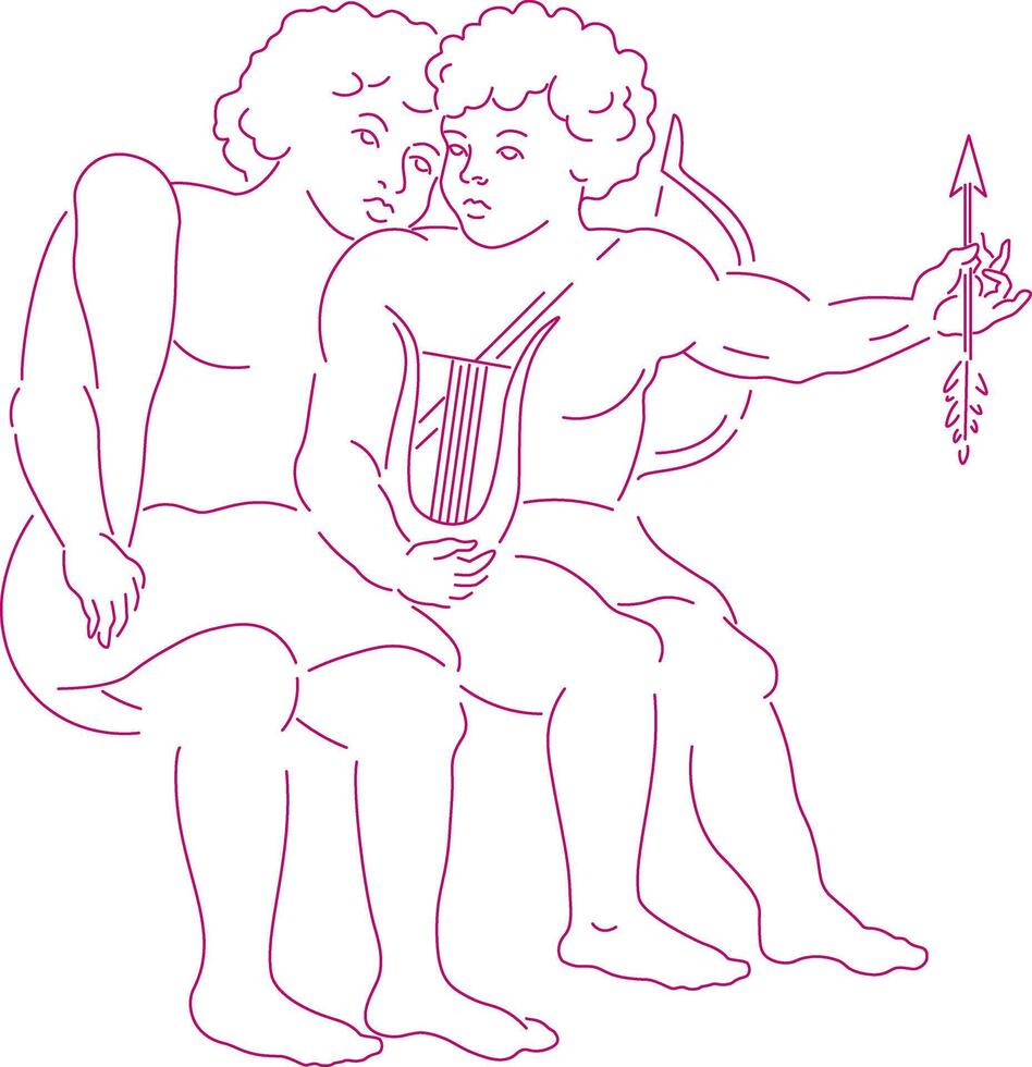 Gemini zodiac line drawing. Two cupids silhouette illustration vector
