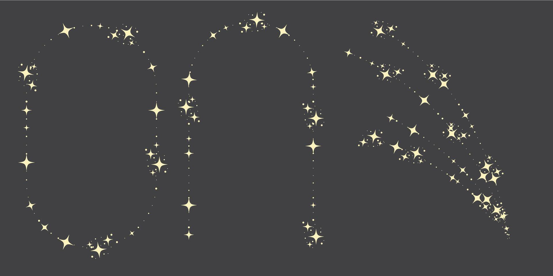 Magic star arch. Stars arch, star compositions graphic art. Shiny elements, starry and dots silhouettes. Comets and abstract constellations, retro celestial set vector
