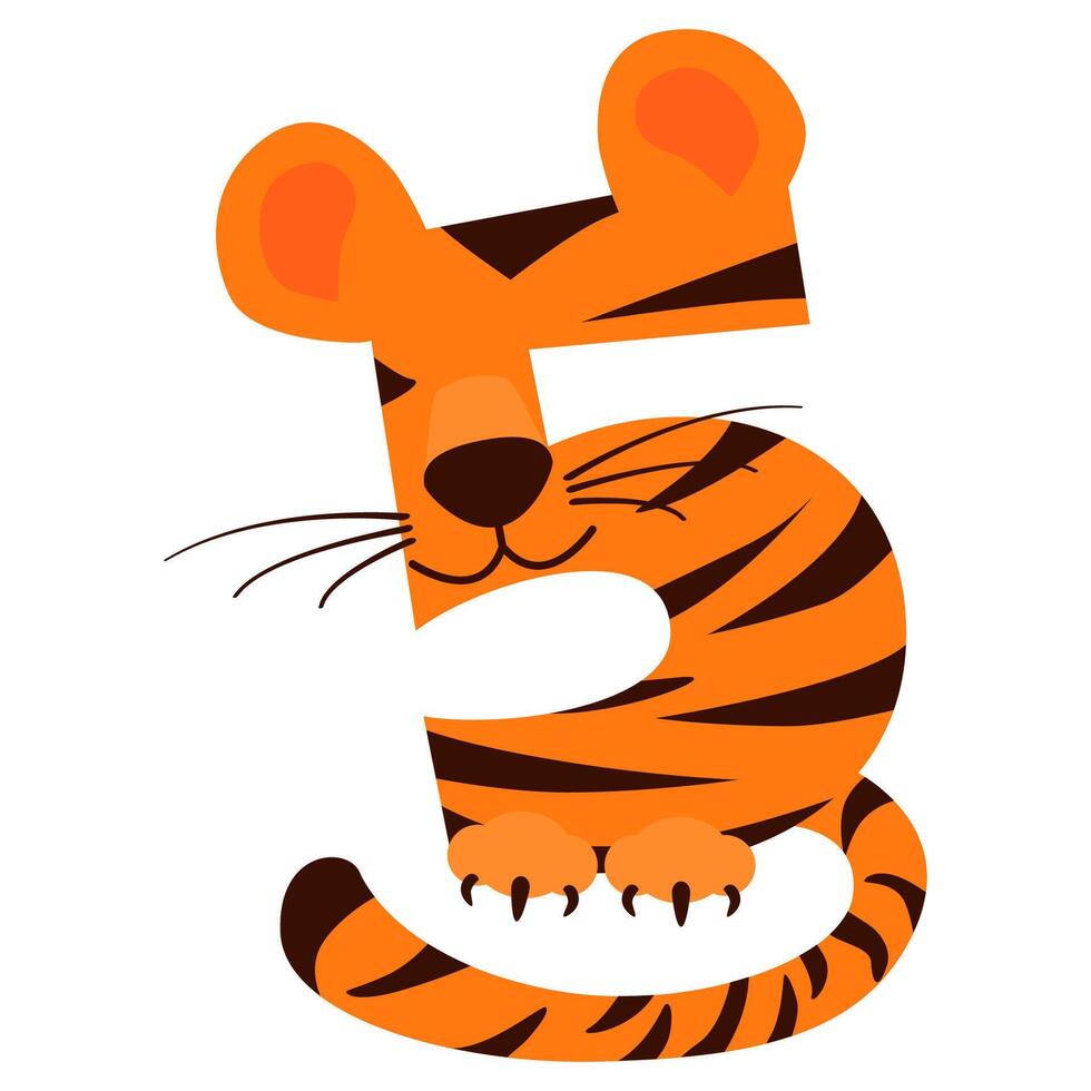Cartoon number 5 like Tiger, figure Five. Cartoon of number with a animal concept. Calligraphy, lettering, typography for your Education cards, greeting card or game vector