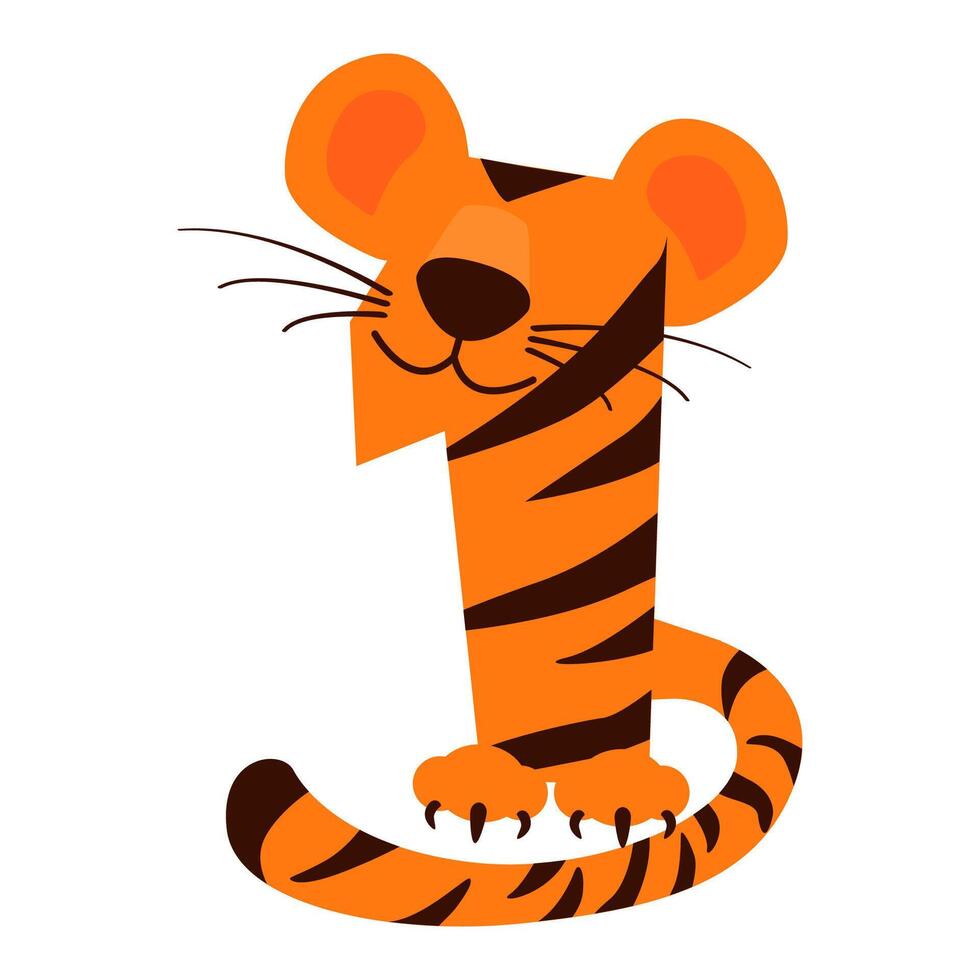 Cartoon number 1 like Tiger, figure One. Cartoon of number with a animal concept. Calligraphy, lettering, typography for your Education cards, greeting card or game vector