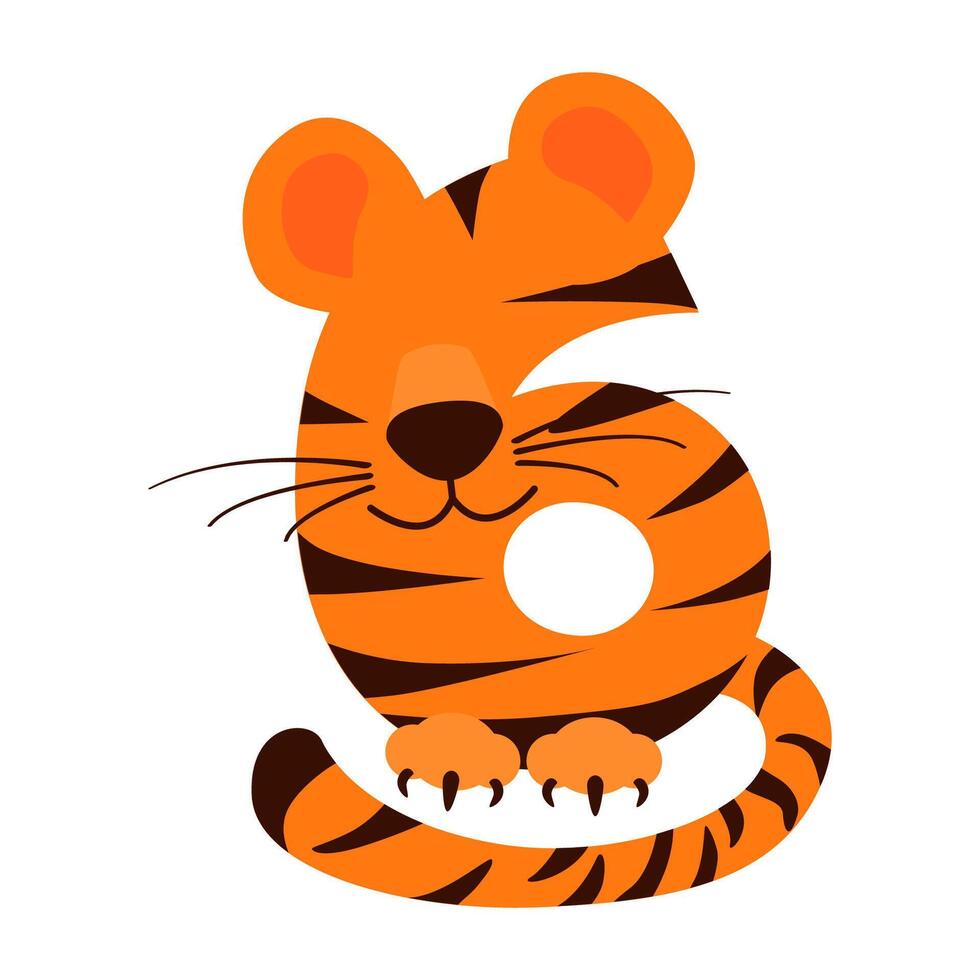 Cartoon number 6 like Tiger, figure Six. Cartoon of number with a animal concept. Calligraphy, lettering, typography for your Education cards, greeting card or game vector