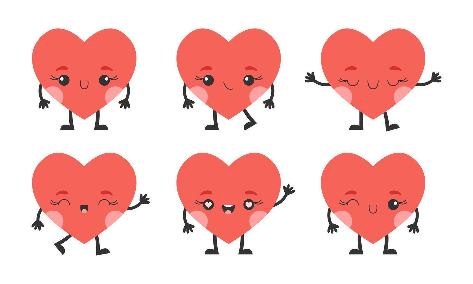 Cute cartoon heart characters with face, hands and feet. Set of loving hearts. vector