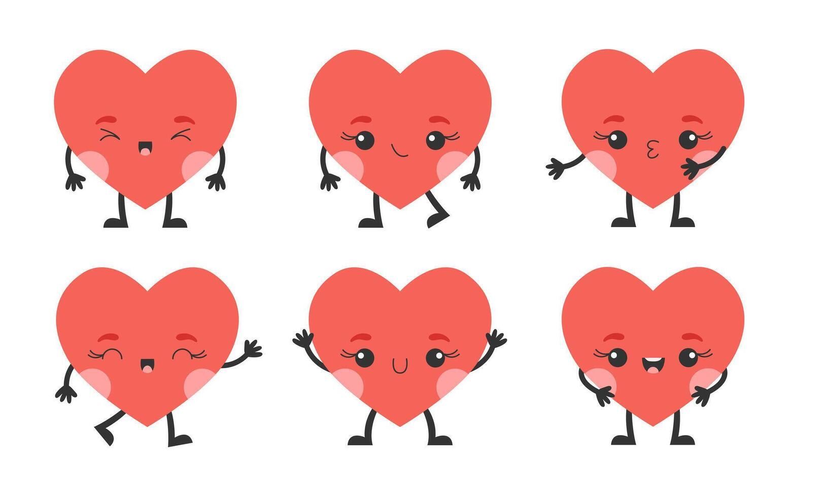 Cute cartoon heart characters with face, hands and feet. Set of hearts for Valentine's Day. vector