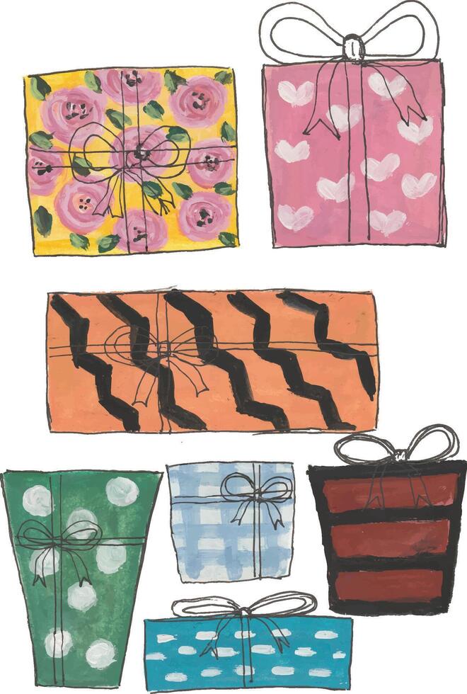 a drawing of gift boxes with bows and ribbons vector