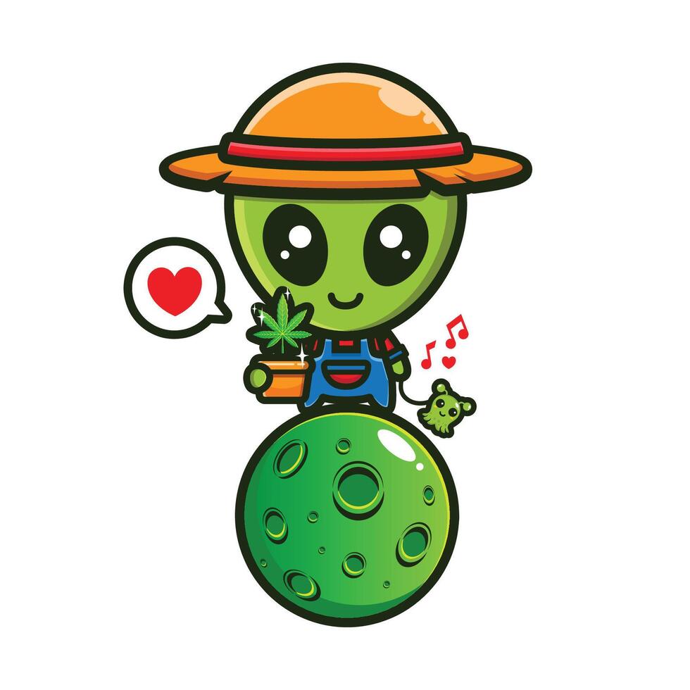 cute alien marijuana farmer on the moon vector