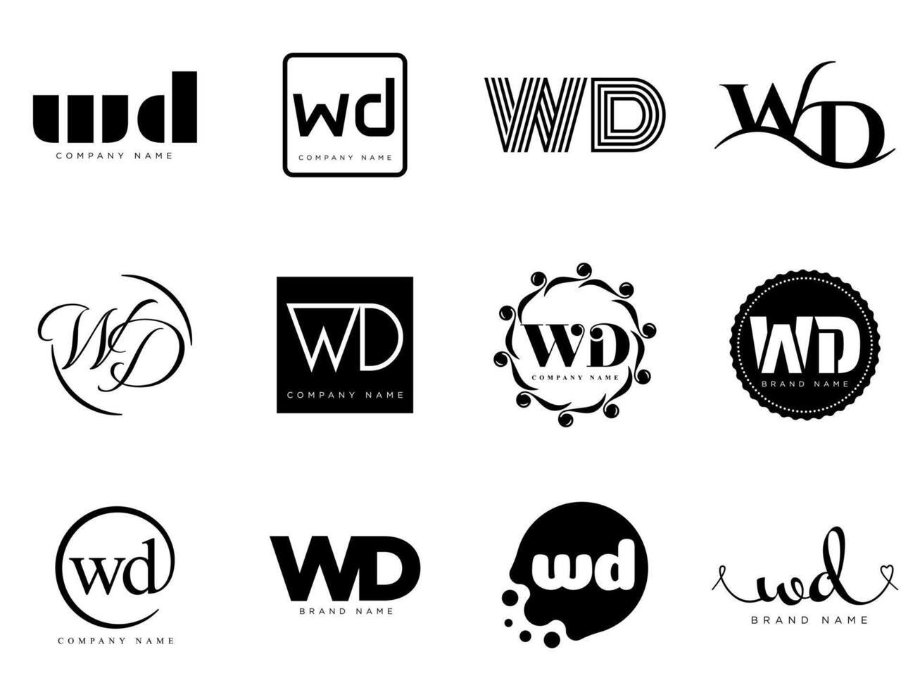 WD logo company template. Letter w and d logotype. Set different classic serif lettering and modern bold text with design elements. Initial font typography. vector