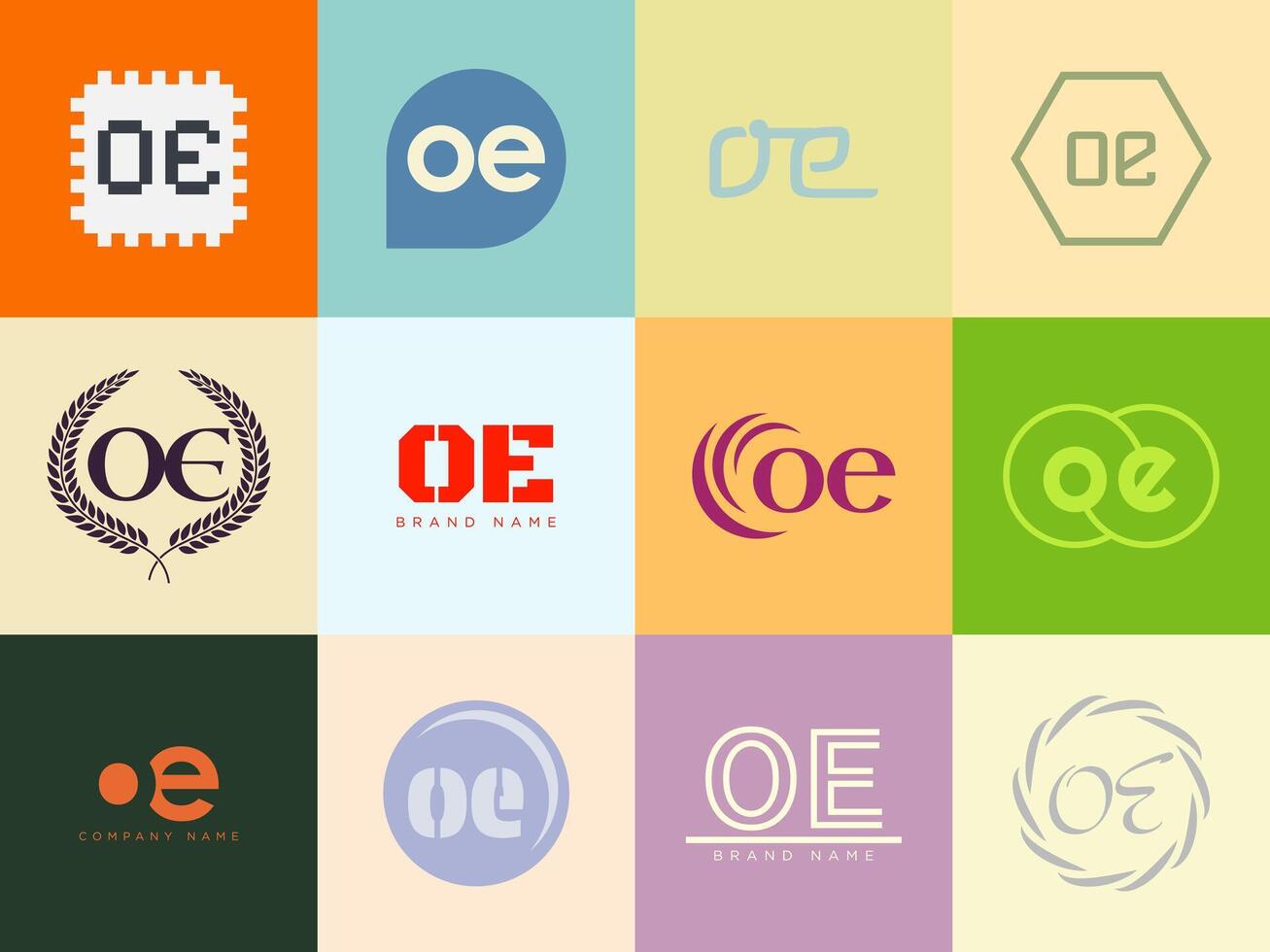 OE logo company template. Letter o and e logotype. Set different classic serif lettering and modern bold text with design elements. Initial font typography. vector