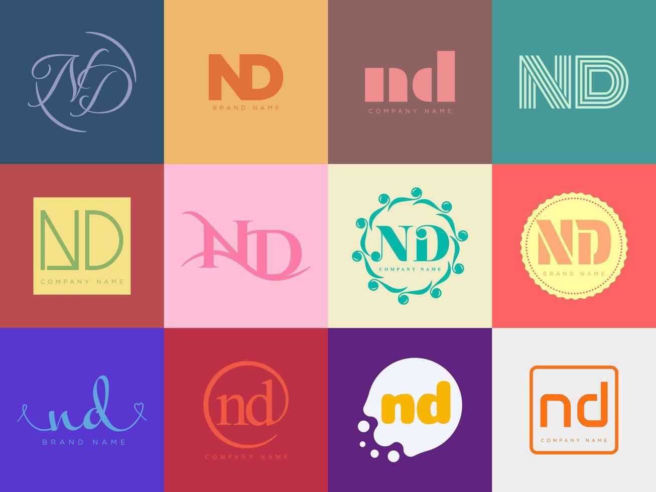 ND logo company template. Letter n and d logotype. Set different classic serif lettering and modern bold text with design elements. Initial font typography. vector