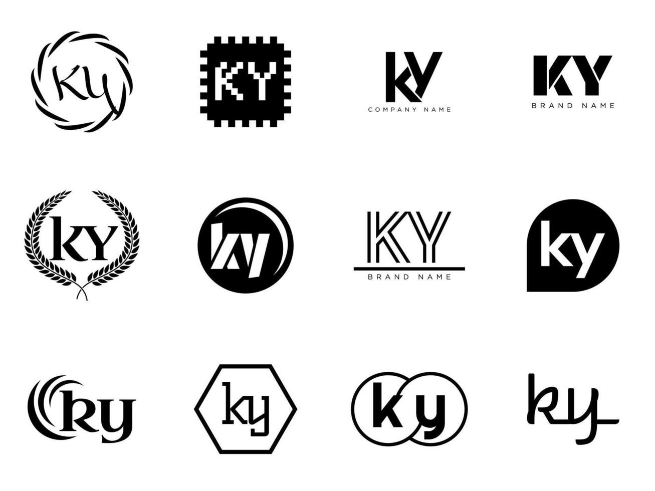 KY logo company template. Letter k and y logotype. Set different classic serif lettering and modern bold text with design elements. Initial font typography. vector