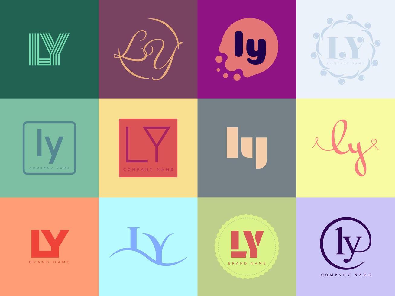 LY logo company template. Letter l and y logotype. Set different classic serif lettering and modern bold text with design elements. Initial font typography. vector