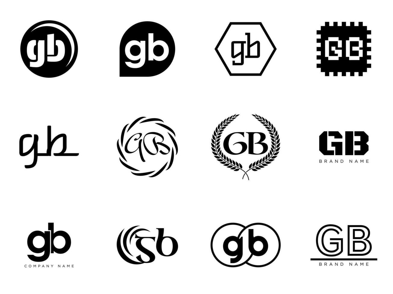 GB logo company template. Letter g and b logotype. Set different classic serif lettering and modern bold text with design elements. Initial font typography. vector