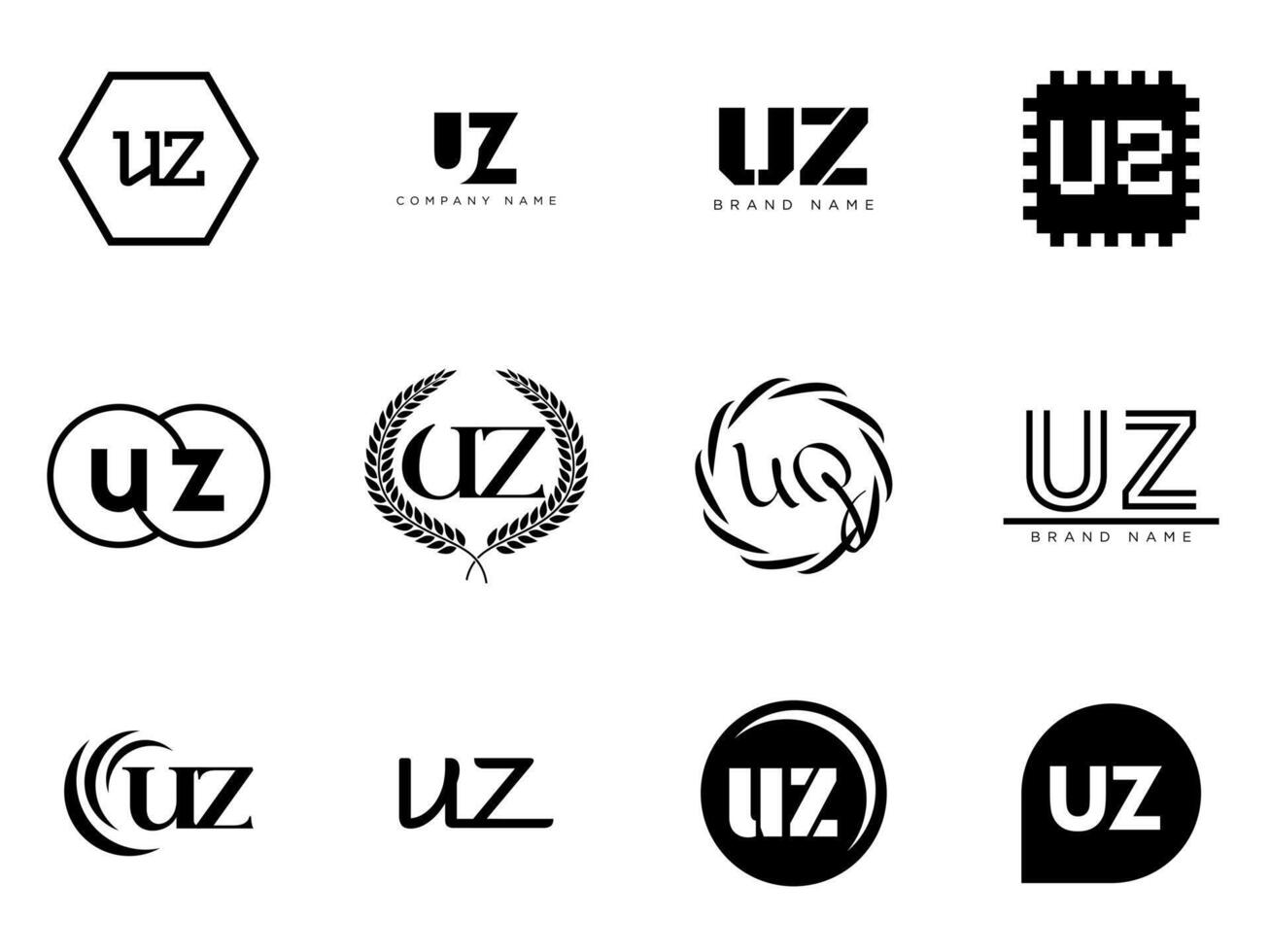 UZ logo company template. Letter u and z logotype. Set different classic serif lettering and modern bold text with design elements. Initial font typography. vector