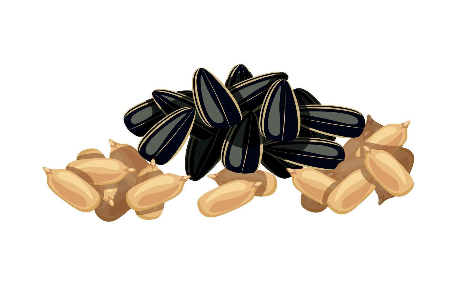 Delicious sunflower seeds isolated on white background. Flat illustration of a tasty handful of peeled and shelled sunflower seeds in cartoon style. Sunflower seed icon. Healthy, organic snacks. vector