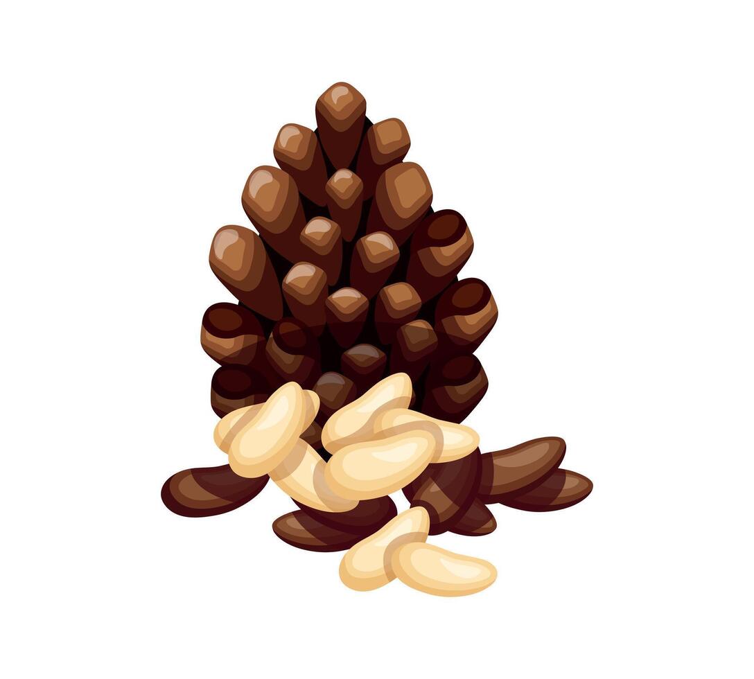 Tasty pine seeds isolated on white background. Flat illustration of a delicious handful of peeled and hulled pine nuts in cartoon style. Pine seed icon. Healthy, organic snacks. vector