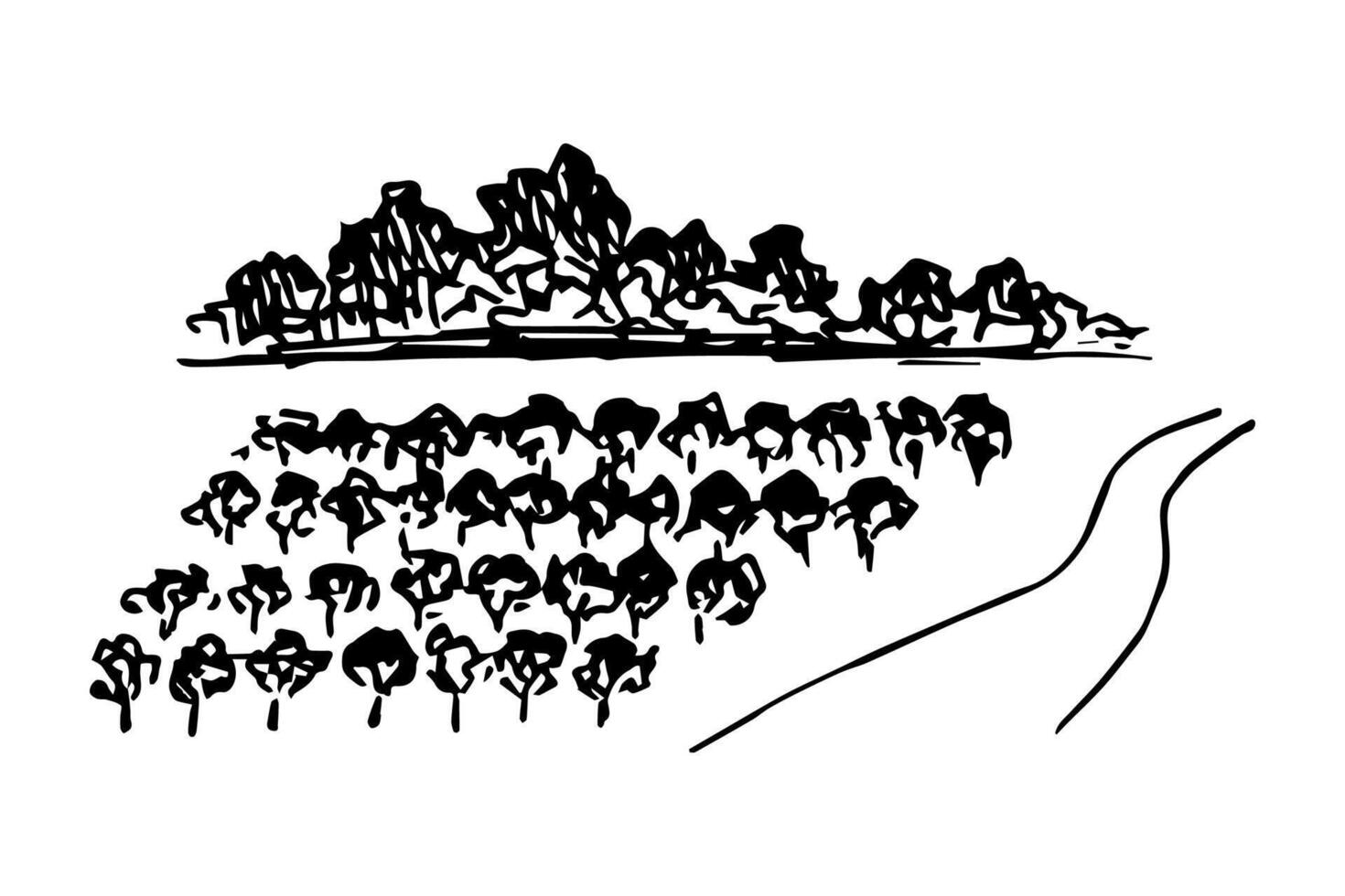 Hand drawn simple sketch. Rural landscape, vineyard, rows of grape bushes, country road, trees on the horizon. Growing farm products. Engraving style, label printing, wine list. vector