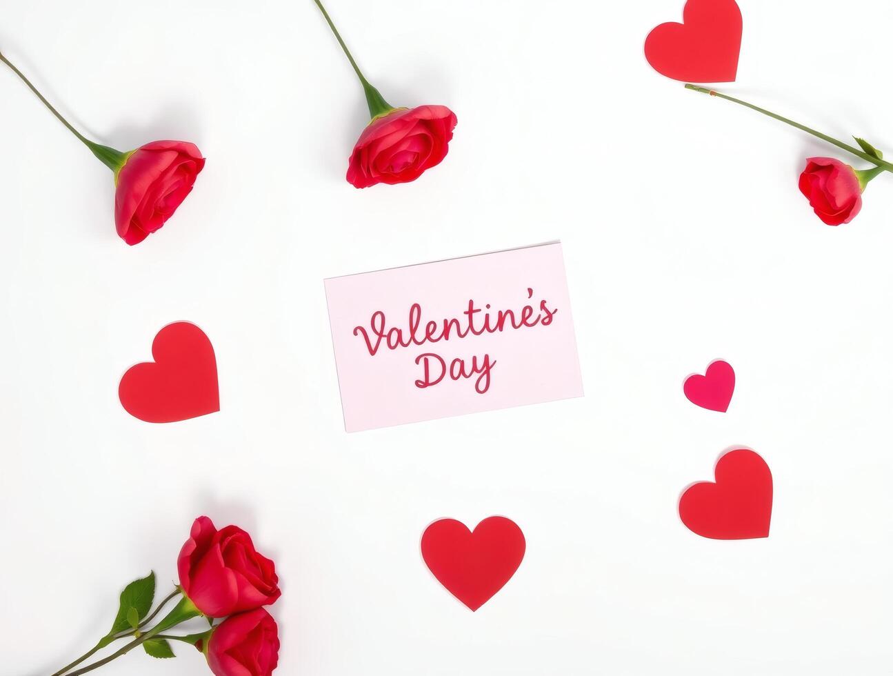 Valentine's day card with red roses and hearts on white background photo