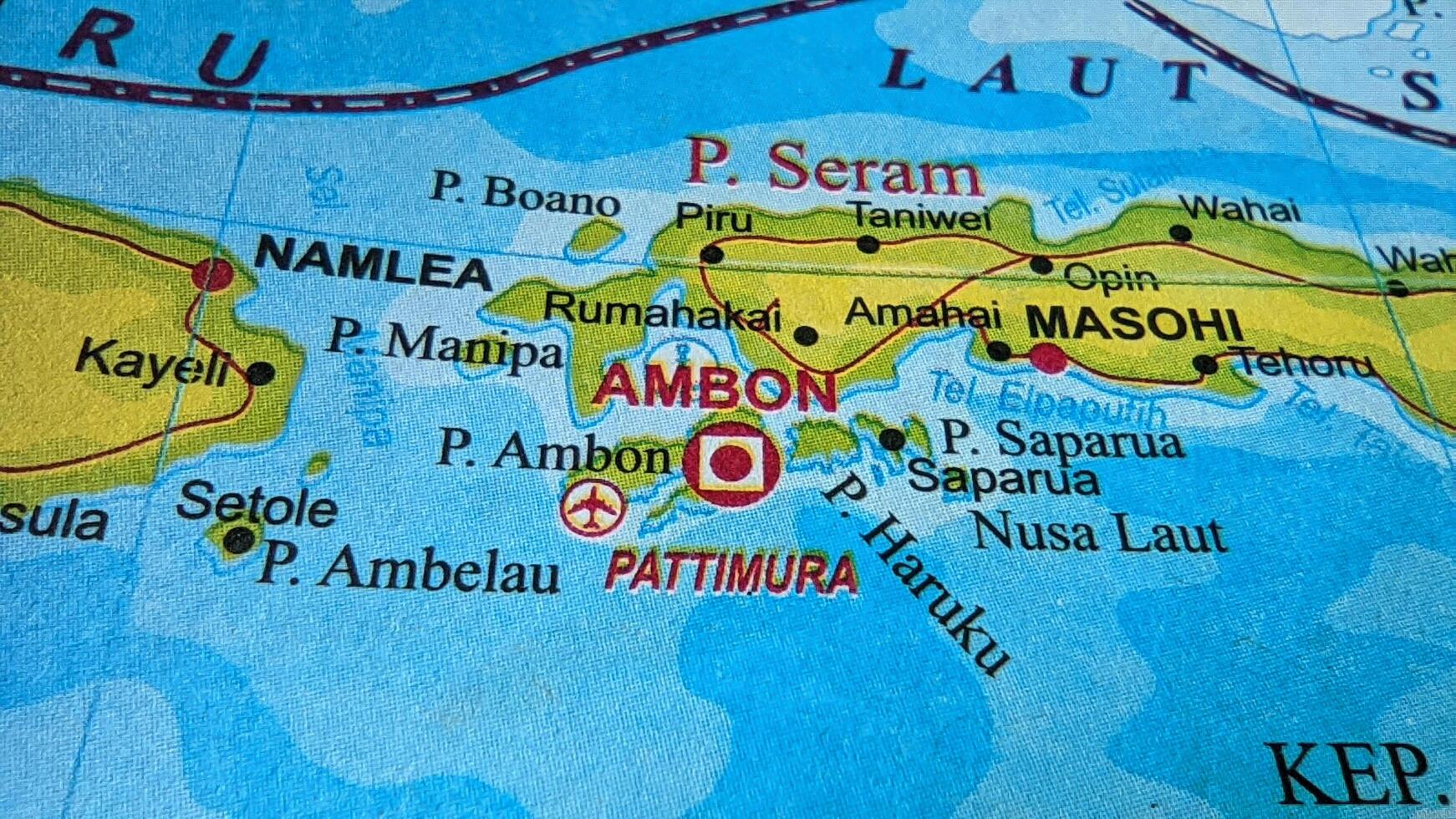 Ambon city on map or Map of SERAM island photo