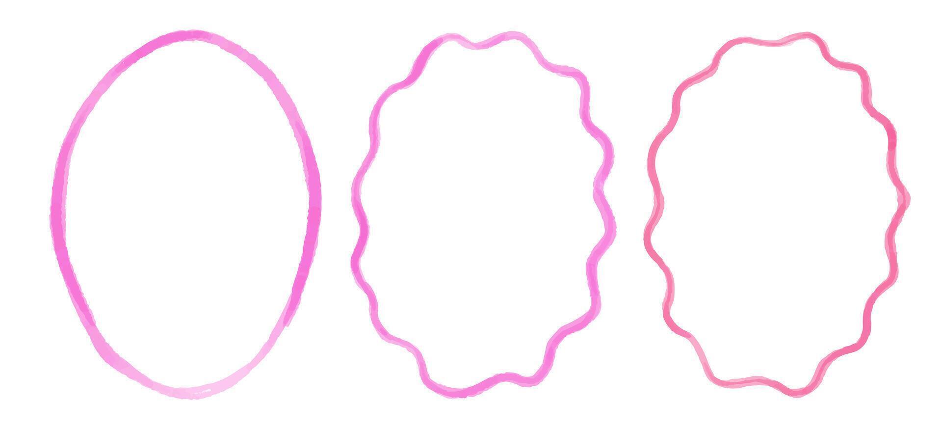 Set of outline scallop frame border in watercolour style. Retro frame with wavy border. Brush pink hand drawn oval shape vector
