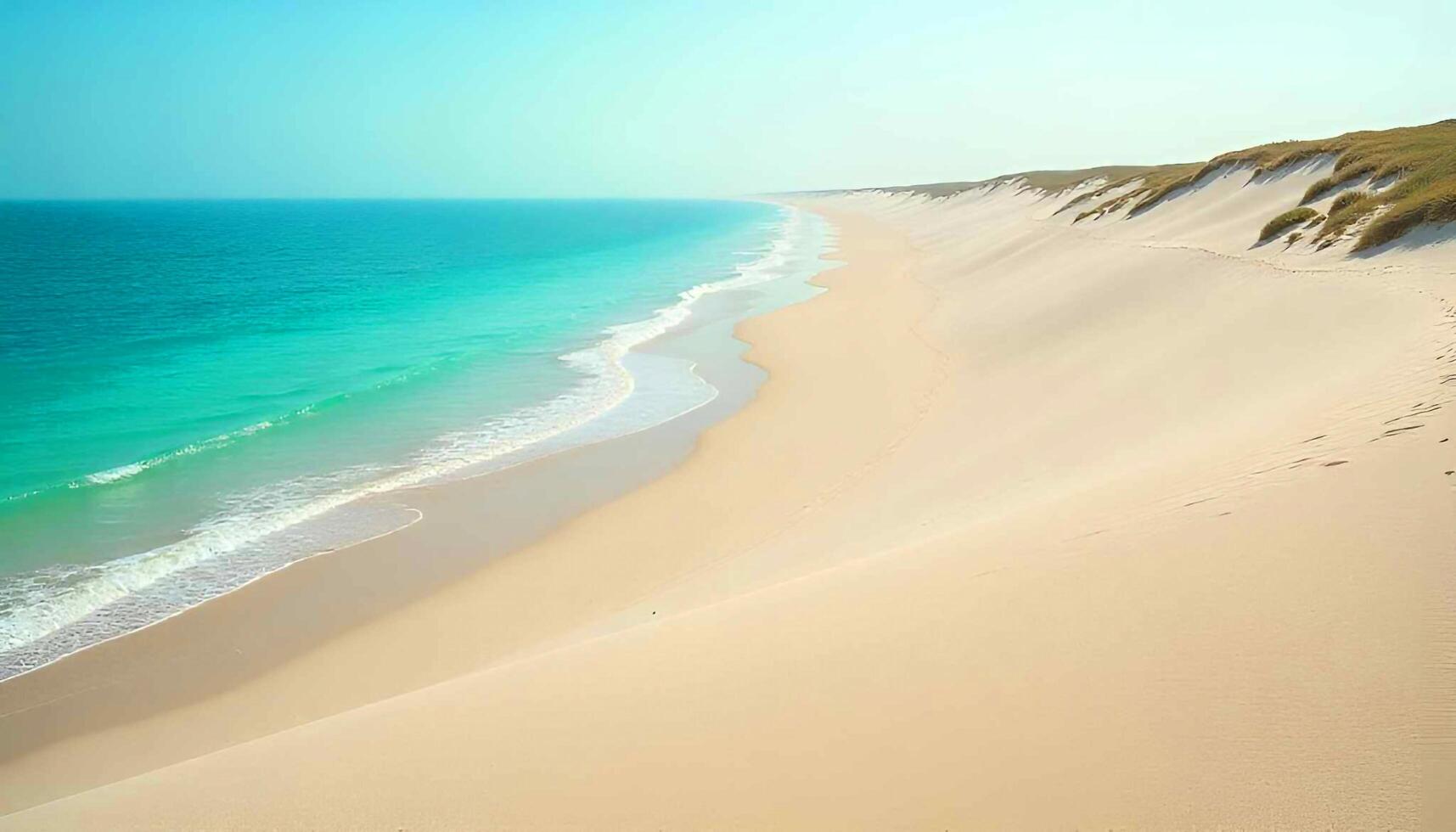 a beach with sand dunes and water in the distance photo