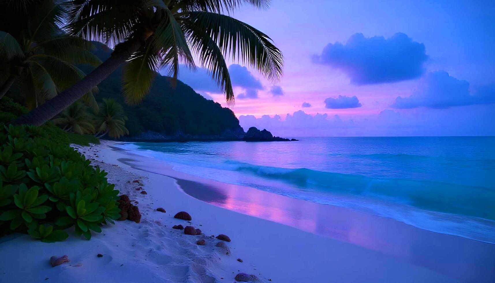 a beach with palm trees and a purple sunset photo