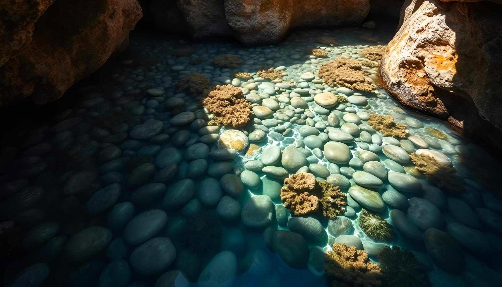 a river runs through a cave with rocks and water photo
