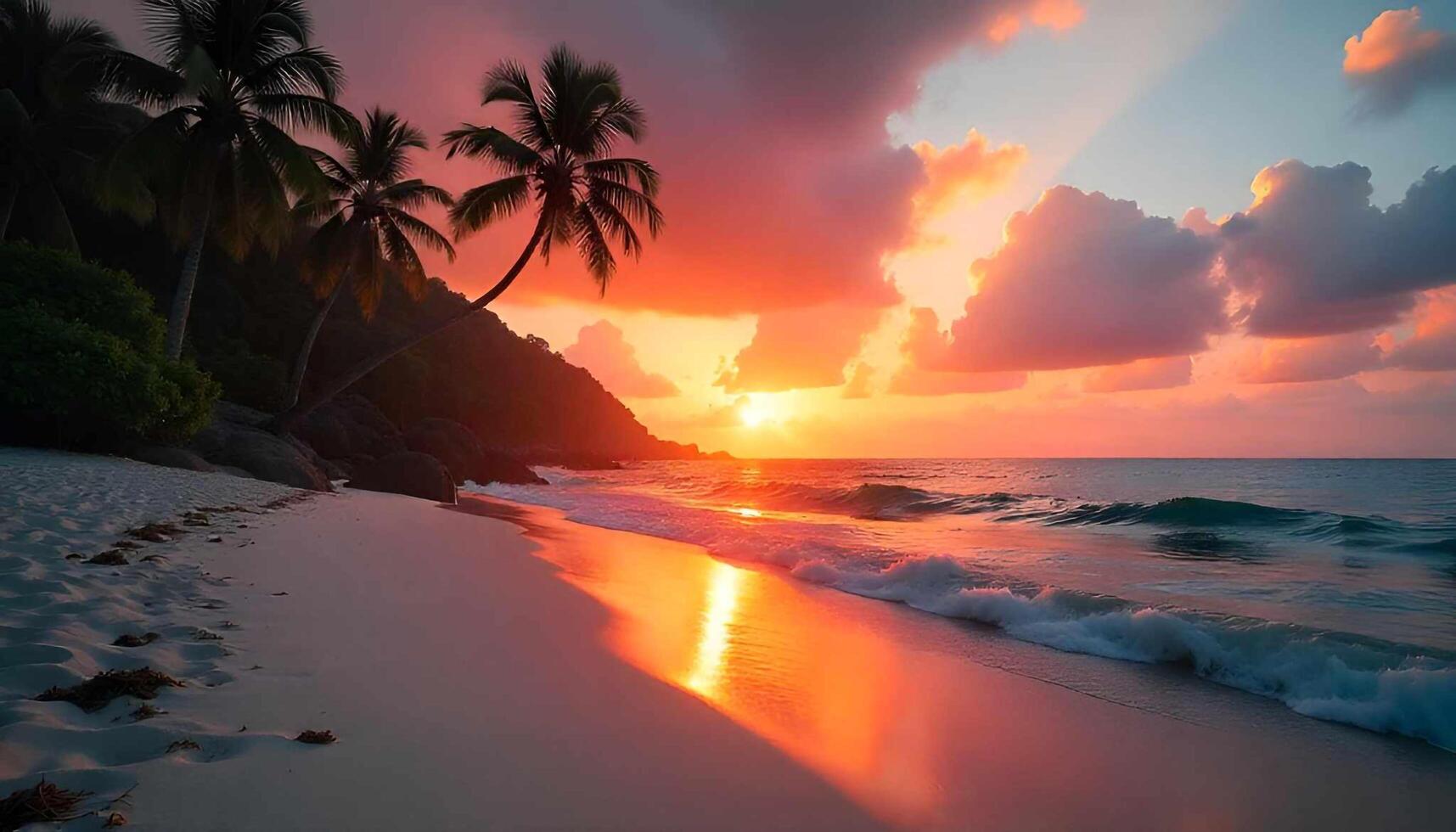 a beautiful sunset on a beach with palm trees photo