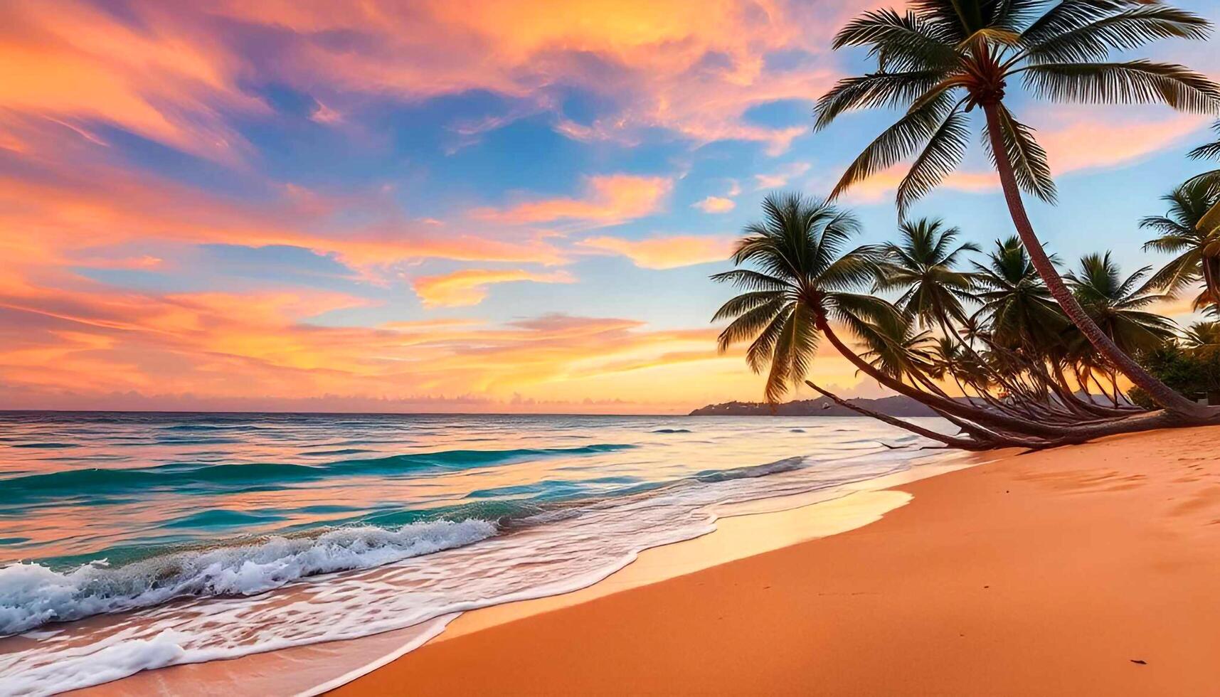 a beautiful beach with palm trees and a sunset photo