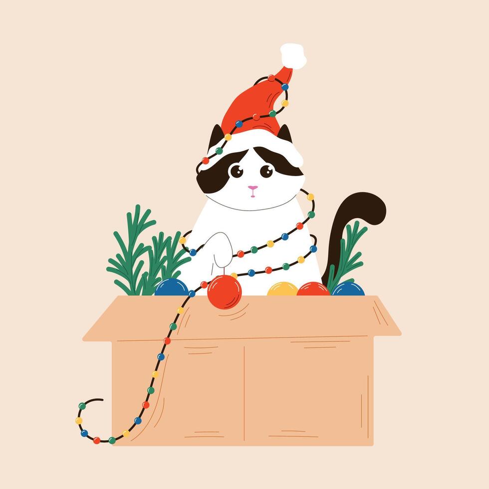 Tuxedo cat in a Santa hat sits in a box with Christmas toys and fir branches wrapped in a garland in flat style. New Year design for postcard. vector