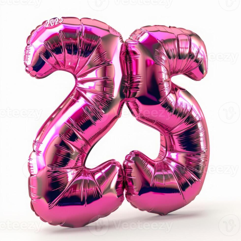 A shiny metallic pink number 25 balloon stands out against a isolated white background photo