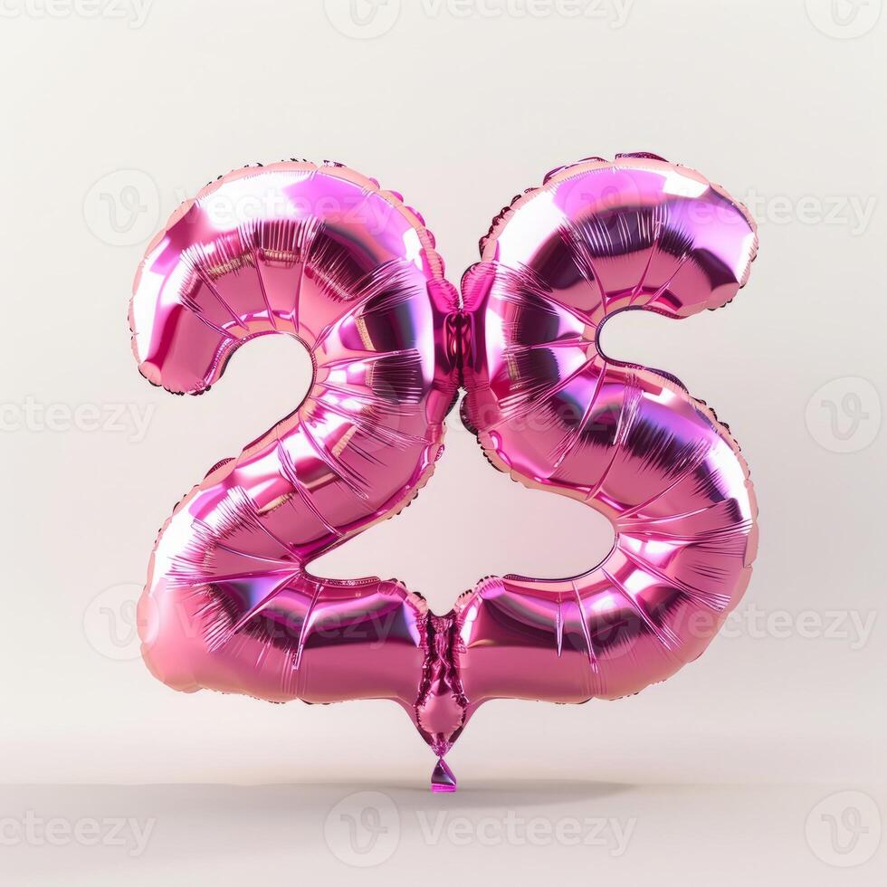 A shiny, metallic pink number 25 balloon stands out against a isolated white background photo