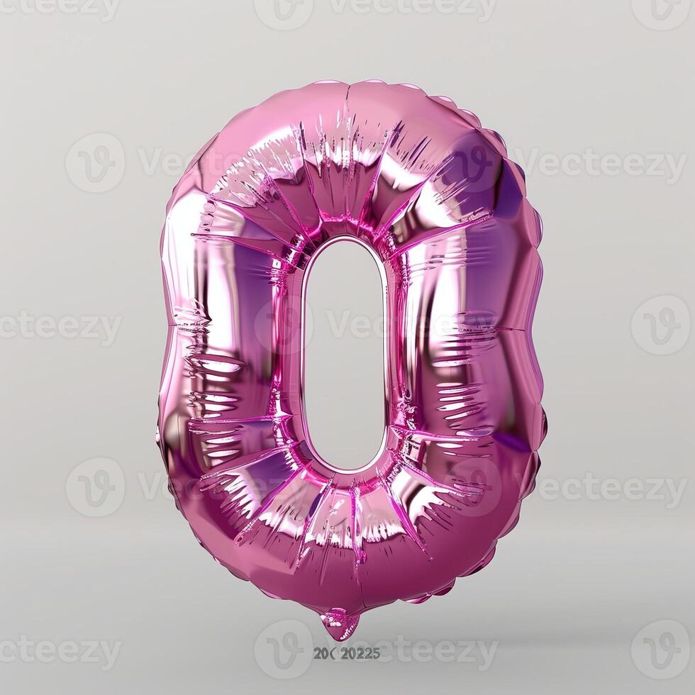 A shiny, metallic pink number zero 0 balloon stands out against a isolated white background photo