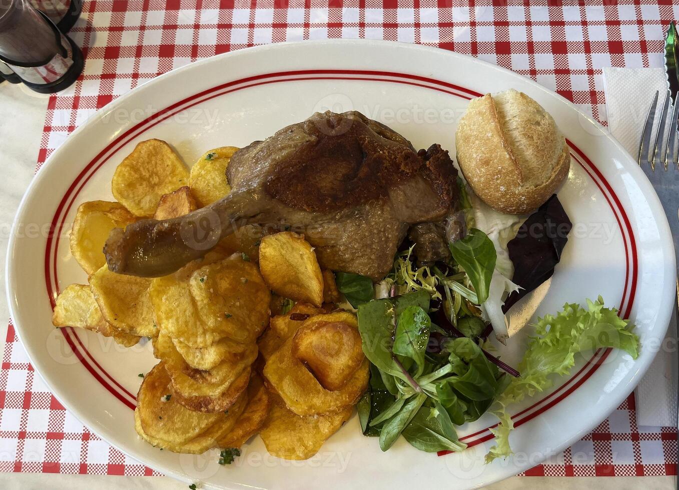 Roasted duck leg with green salad and baked potatoes as side-dish on white oval plate, duck confit traditional dish of French cuisine, second course meal in restaurant, close-up, selective focus photo