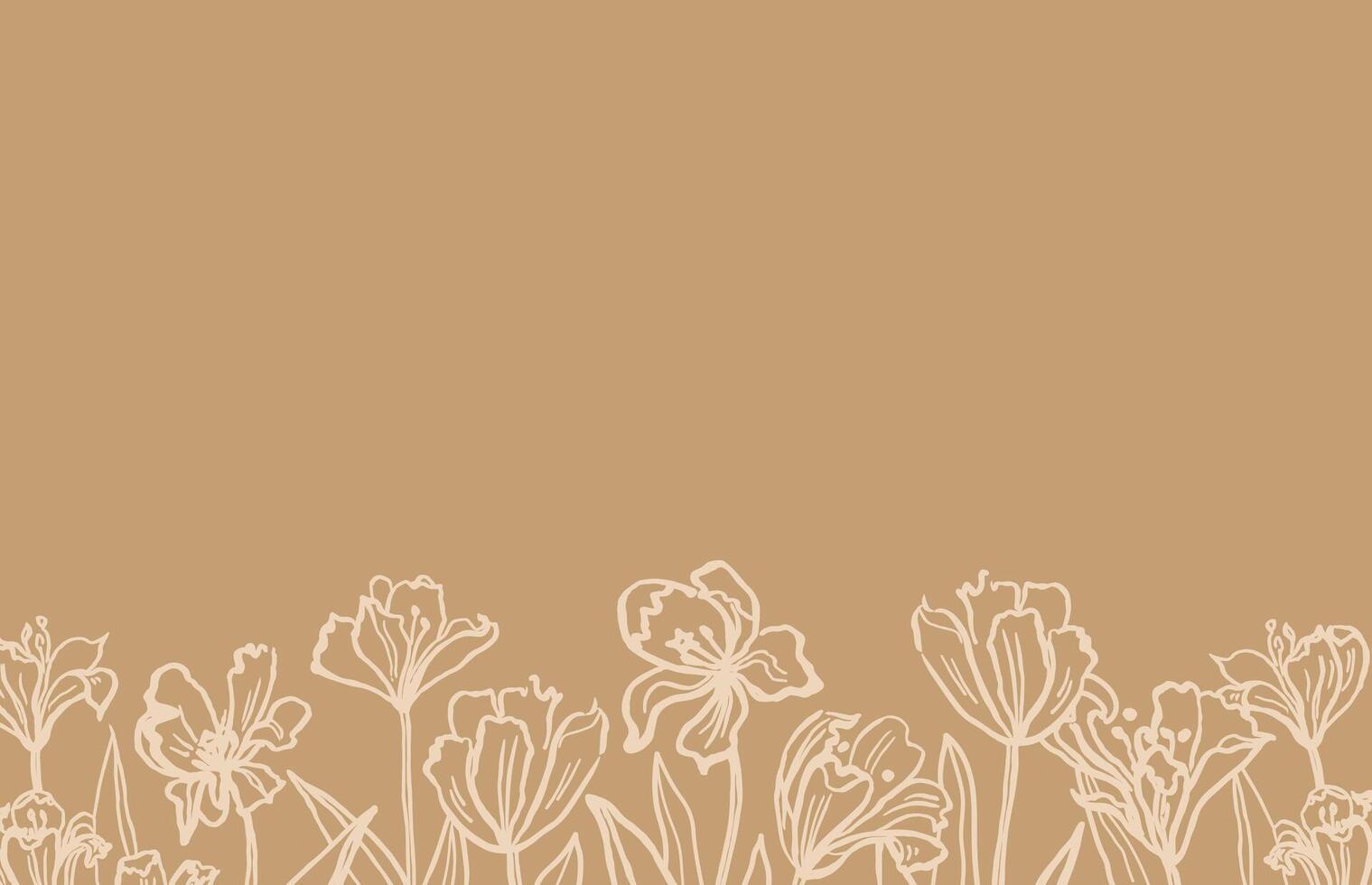 Hand drawn banner with field of blooms flowers for text. Illustration with sketch of tulips glade. Floral romantic border with line silhouettes of florets in trends colour for card, media vector