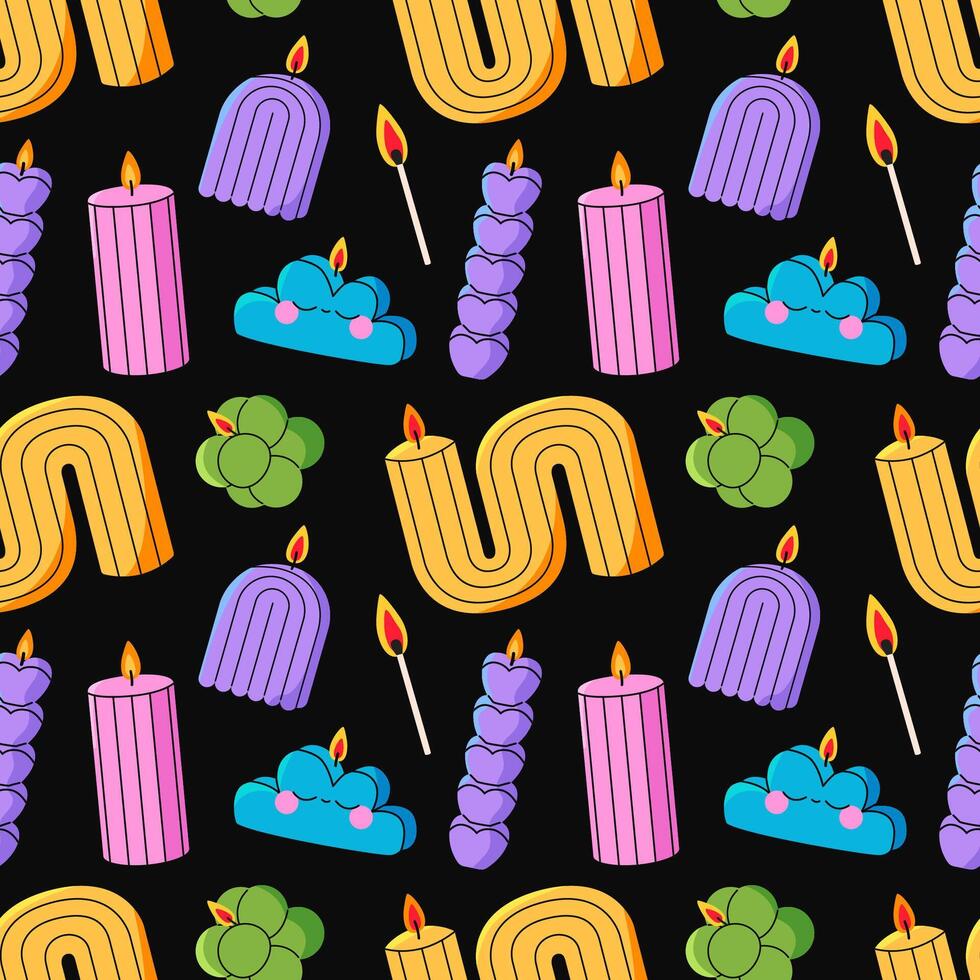 Trendy candles seamless pattern. Playful colorful print on black bsckground. Flat illustartion. vector