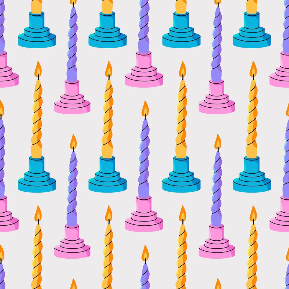 Scented candles seamless pattern. Trendy colorful print with candles in different shapes. Flat illustartion. vector