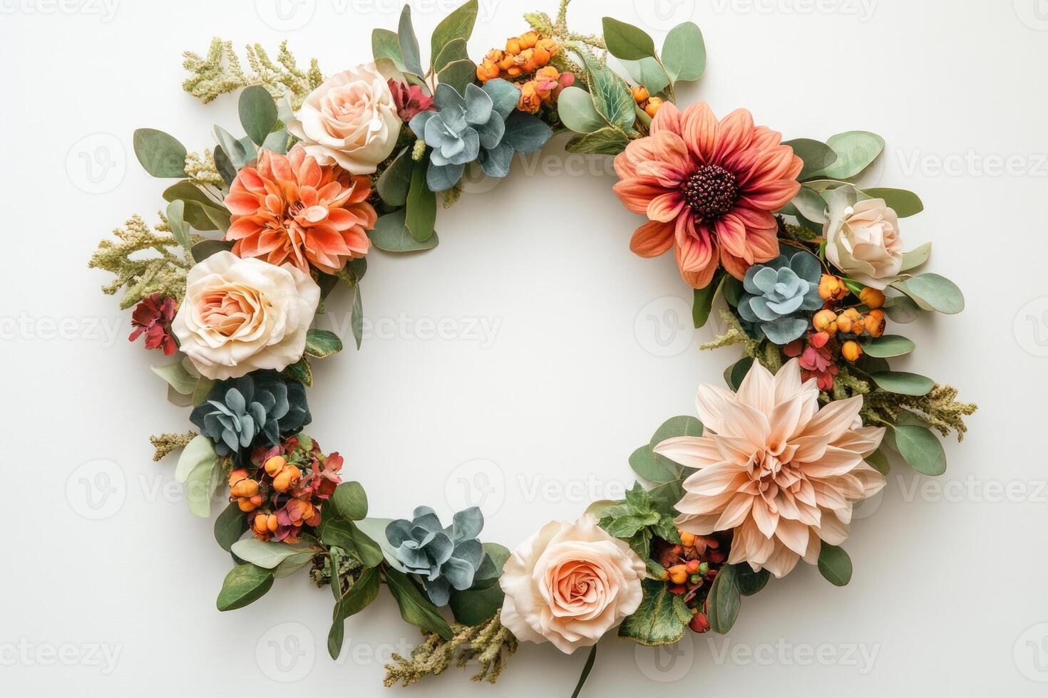Beautiful flower wreath decoration with red, pink and peach flowers on white background. photo