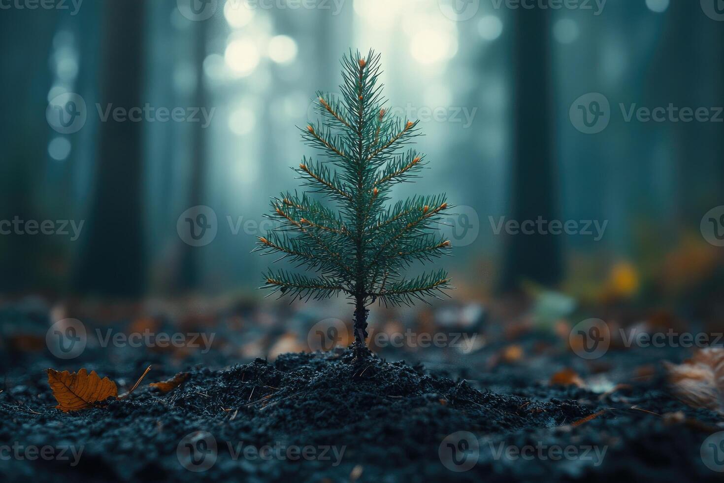 Small spruce sapling growing in dark forest soil photo