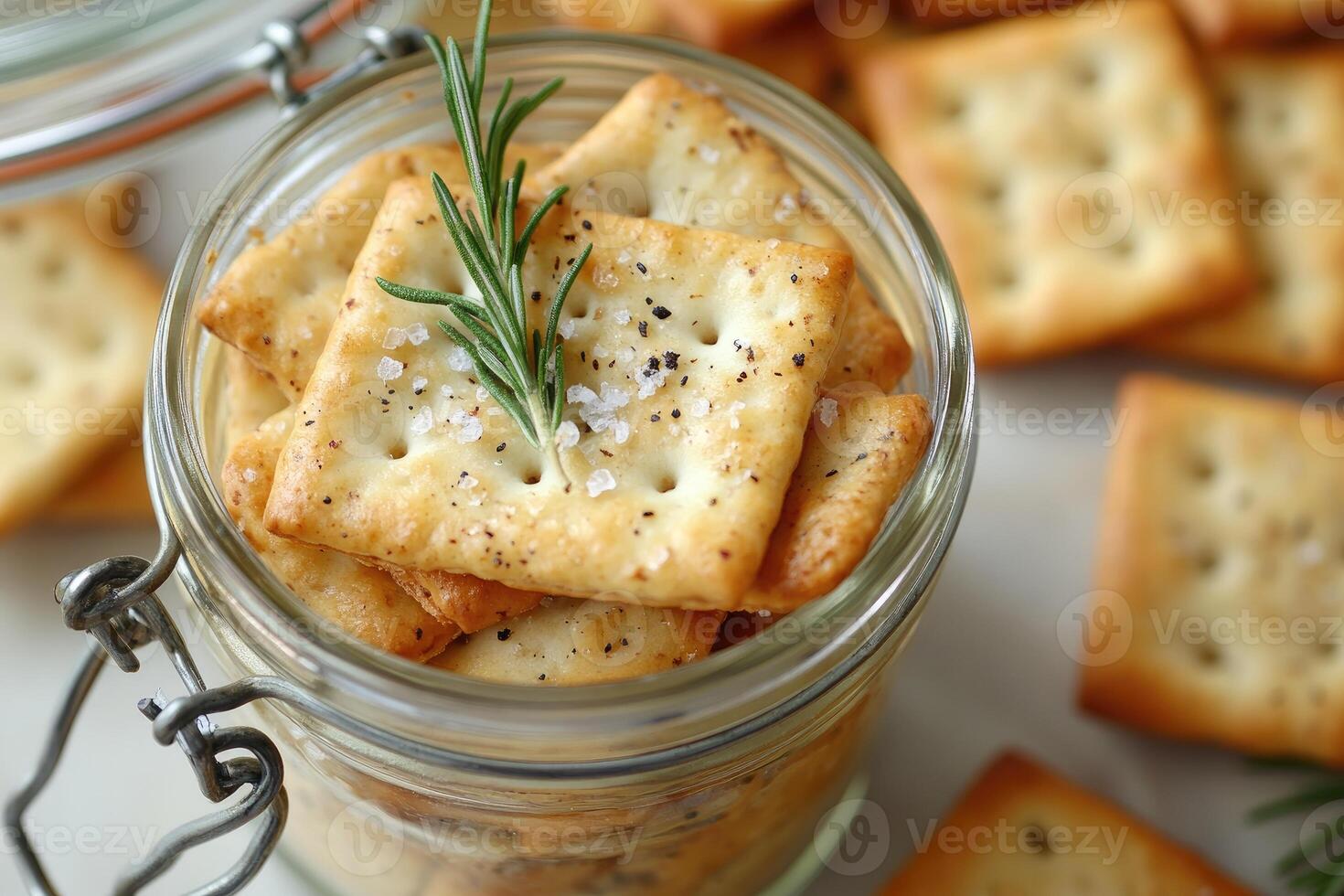 Delicious crispy crackers with rosemary in glass jar. photo