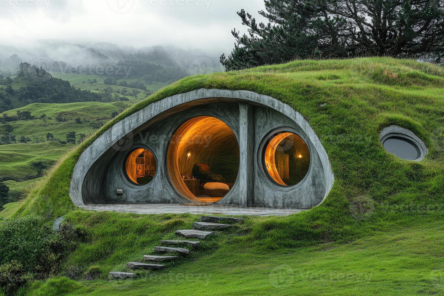 Underground hobbit house embracing nature in green rolling hills photo