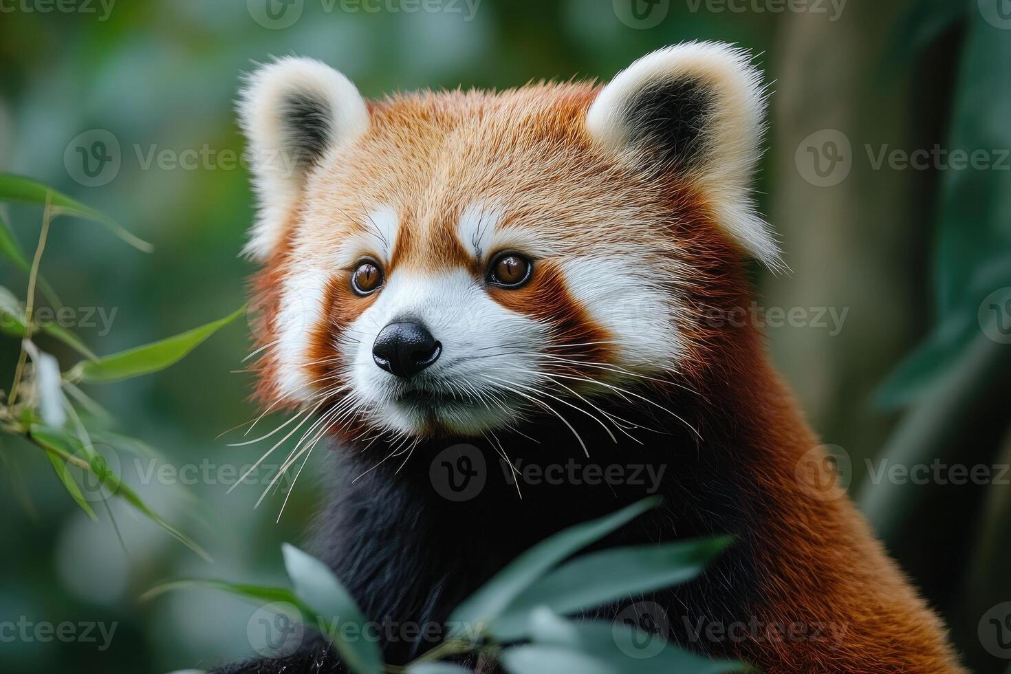Red panda resting in bamboo forest, looking away from camera photo