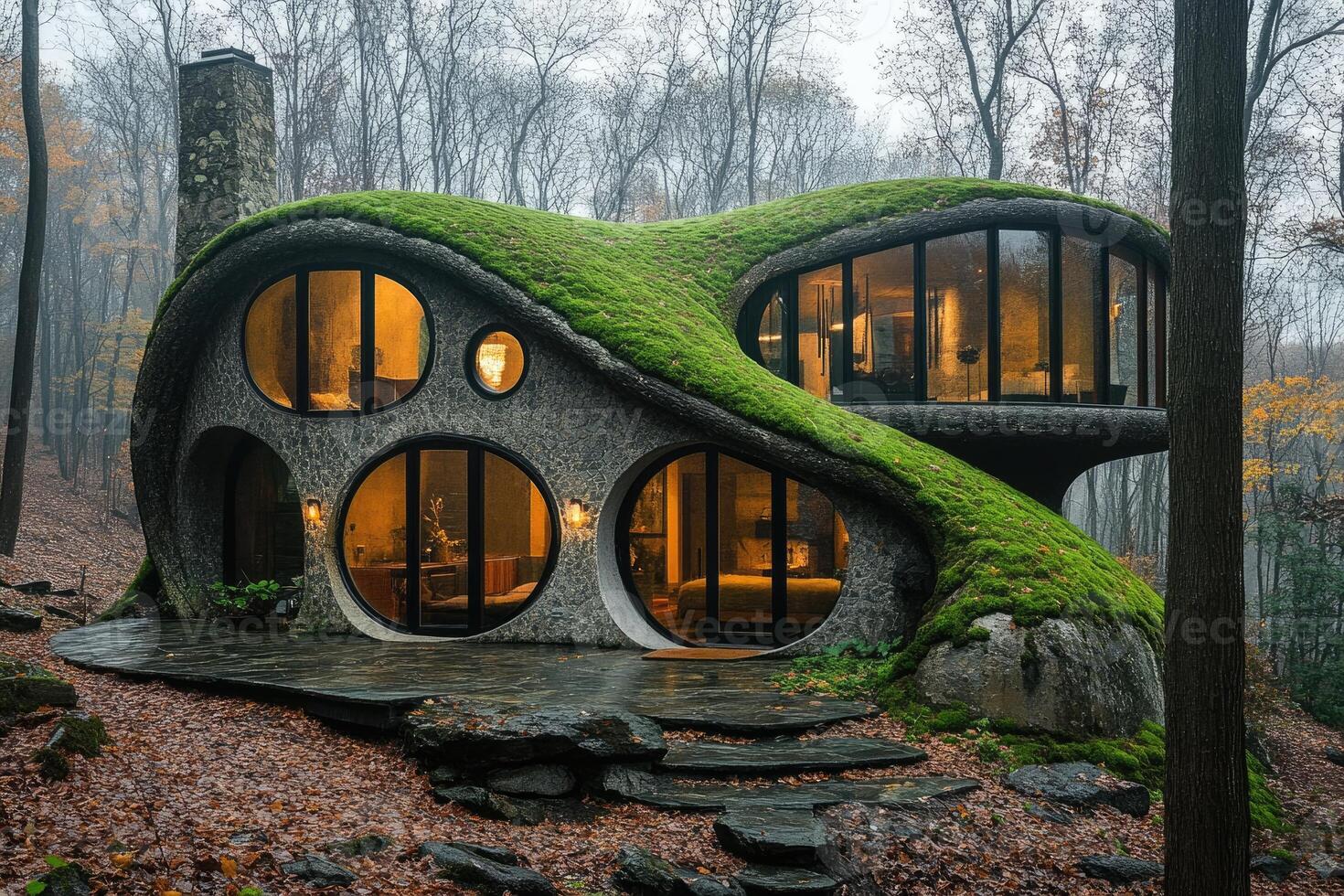 Mushroom house blending with nature in a forest setting during autumn photo