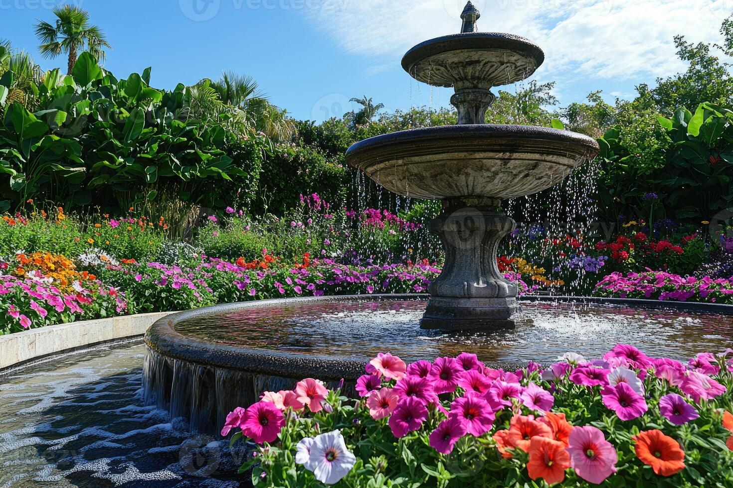Water fountain cascading in lush garden setting with colorful flowers. photo