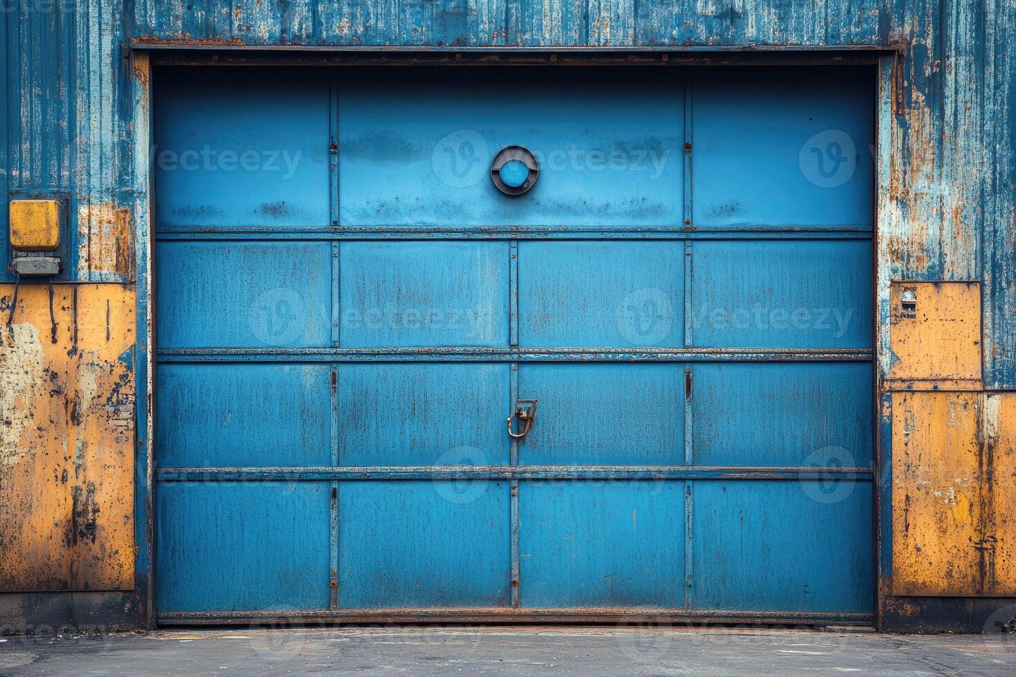 Old weathered blue metal industrial garage door closing a rusty building photo