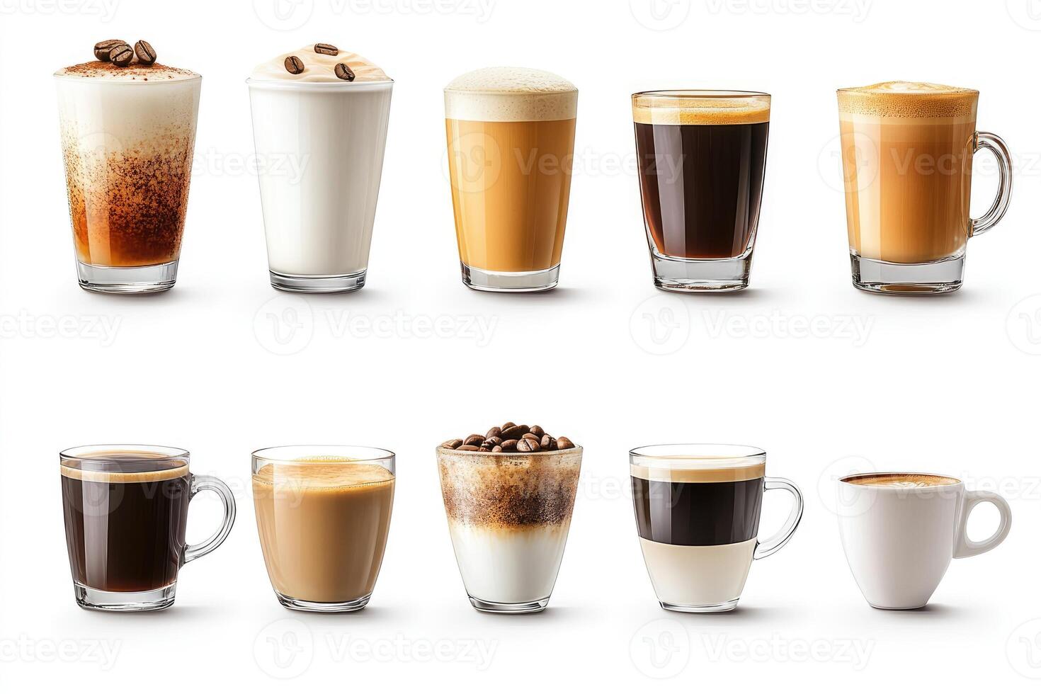Ten glass cups showing different types of coffee preparation photo