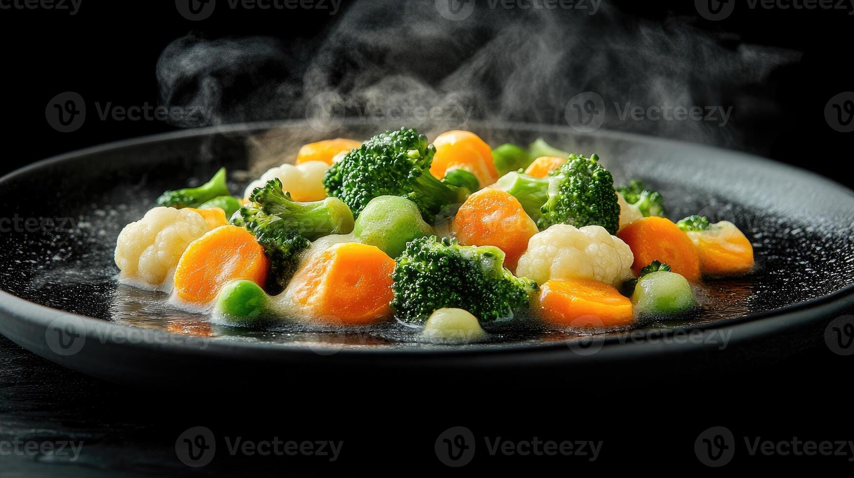 Steaming hot mixed vegetables of broccoli, carrots, and cauliflower photo